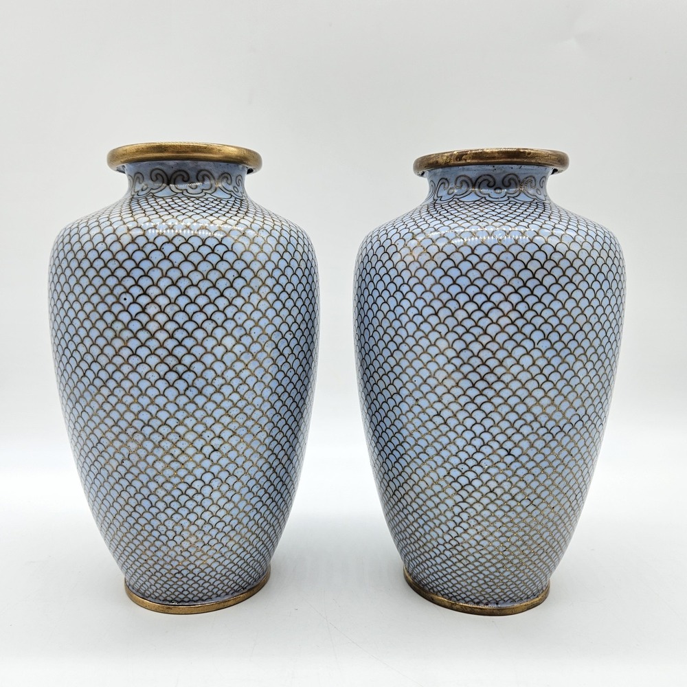 2 Vintage Chinese Cloisonne Baby Blue Fish Scale Vases Enamel Brass Pair 6"
